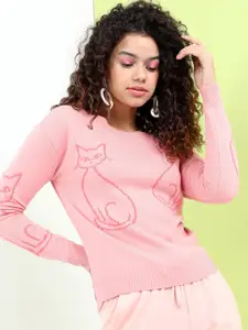 Tokyo Talkies Women Pink Jacquard Pullover Sweater