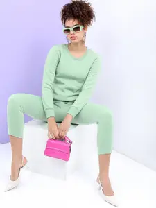 Tokyo Talkies Women Sea Green Solid Round Neck Sweatshirt