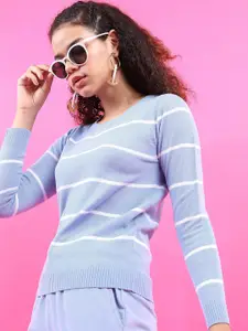 Tokyo Talkies Women Blue & White Striped Pullover