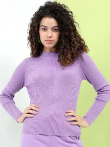 Tokyo Talkies Women Purple High Neck Long Sleeve Ribbed Pullover