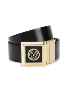 Versace Jeans Couture Men Black Leather Formal Belt with Square Buckle