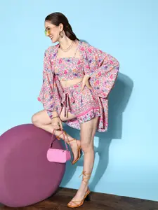 Berrylush Pink 3-Piece Printed Top with Shorts and Shrug