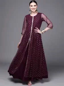 Ahalyaa Women Burgundy Polka Dots Fit & Flare Maxi Ethnic Dress