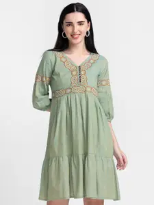 Globus Sea Green Ethnic Motifs Embroidered Pure Cotton Empire Dress