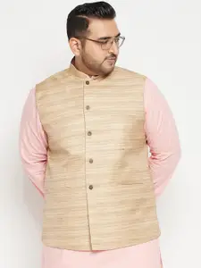 VASTRAMAY PLUS Men Plus Size Beige Striped Nehru Jackets