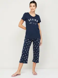 Ginger by Lifestyle Women Navy Blue Printed Night Suit