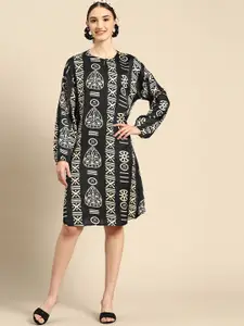 Sangria Keyhole Neck Printed A-Line Ethnic Dress