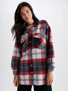 DeFacto Women Red Gingham Checks Checked Longline Casual Shirt