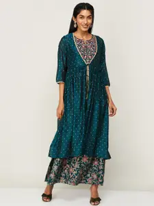 Melange by Lifestyle Women Teal Floral Printed Kurta with Palazzos With Jacket