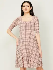 CODE by Lifestyle Women Pink & Brown Checked A-Line Dress