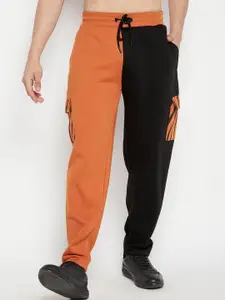 EDRIO Men Black & Orange Colourblocked Cotton Track Pants