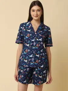 RAASSIO Women Blue & Green Printed Pure Cotton Night suit