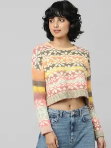 ONLY Women Pink & White Floral Crop Pullover