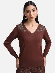 Kazo Women Brown Embroidered Pullover
