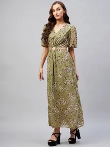 Marie Claire Green Ethnic Motifs Georgette Maxi Maxi Dress