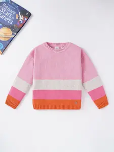 Ed-a-Mamma Girls Pink & White Colourblocked Cotton Pullover