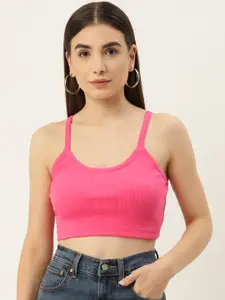 Besiva Women Ribbed Solid Crop Top With Narrow Straps
