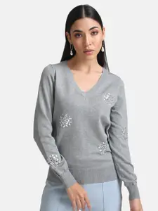 Kazo Women Grey Embroidered Pullover