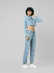 ONLY Women Blue Flared High-Rise Highly Distressed Jeans