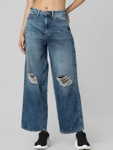ONLY Women Blue Wide Leg High-Rise Highly Distressed Light Fade Jeans