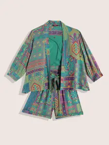 Sangria Teen Girls Ethnic Motifis Print Ethnic Clothing Set With Jacket