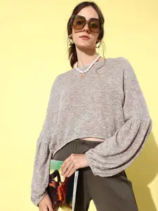 Athena Women Grey Crop Woollen Pullover with Fuzzy Detail