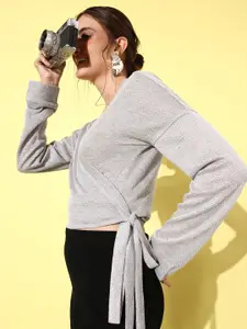 Athena Women Grey Woollen Sweater with Fuzzy Detail
