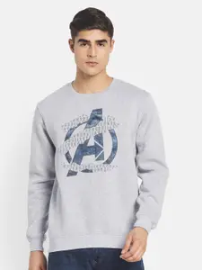 Octave Men Grey Melange Printed Round Neck Fleece Pullover Sweatshirt
