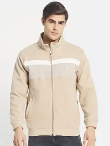 Octave Men Beige & White Colourblocked Fleece Front-Open Sweatshirt