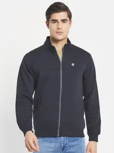 Octave Men Navy Blue Solid Fleece Front-Open Sweatshirt