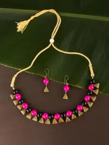 Ozanoo Pink & Gold Plated Designer Loop Beaded Necklace Set