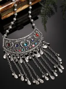 PANASH Silver-Toned & Blue German Silver Oxidised Necklace
