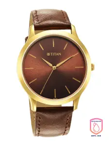 Titan Men Brown Brass Dial & Brown Leather Straps Analogue Watch