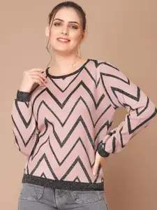 Mafadeny Women Peach-Coloured & Black Embroidered Pullover with Embroidered Detail