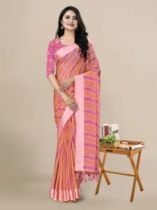 KALINI Peach-Coloured & Purple Striped Pure Chiffon Saree