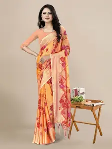 KALINI Orange & Red Floral Pure Chiffon Saree