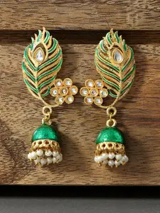 AccessHer Women Gold-Plated & Green Leaf Shaped Meenakari Jhumkas Earrings