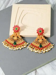 AccessHer Gold-Toned & Red Gold-Plated Ruby Stone Studded Temple Drop Earrings