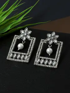 AccessHer Women Silver-Toned & White Geometric Drop Earrings