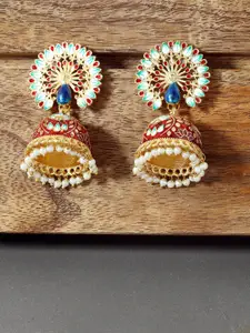 AccessHer Women Gold-Plated & Red Peacock Shaped Meenakari Jhumkas Earrings