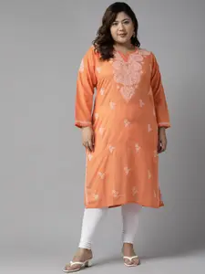 ADA Women Plus Size Rust & White Floral Embroidered Chikankari Kurta