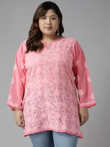 ADA Pink & White Ethnic Motifs Embroidered Plus Size Chikankari Kurti