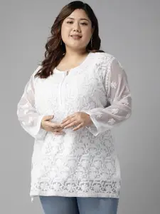 ADA Plus Size White Ethnic Motifs Embroidered Chikankari Kurti With Slip