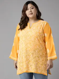 ADA Yellow & White Ethnic Motifs Embroidered Plus Size Chikankari Kurti