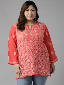 ADA Red & White Ethnic Motifs Embroidered Plus Size Chikankari Kurti