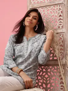 ADA Grey & White Ethnic Motifs Embroidered Plus Size Chikankari Kurti