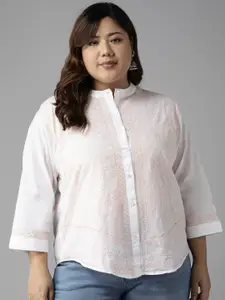 ADA White & Peach-Coloured Ethnic Motifs Embroidered Plus Size Chikankari Kurti