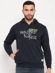 Duke Men Navy Blue Printed Hooded Fleece Sweatshirt