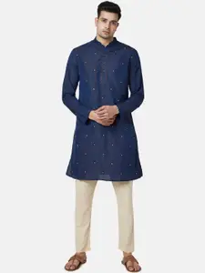 indus route by Pantaloons Men Navy Blue Ethnic Motifs Embroidered Thread Work Kurta