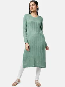 RANGMANCH BY PANTALOONS Women Green Striped Woven Design Straight Fit Kurta